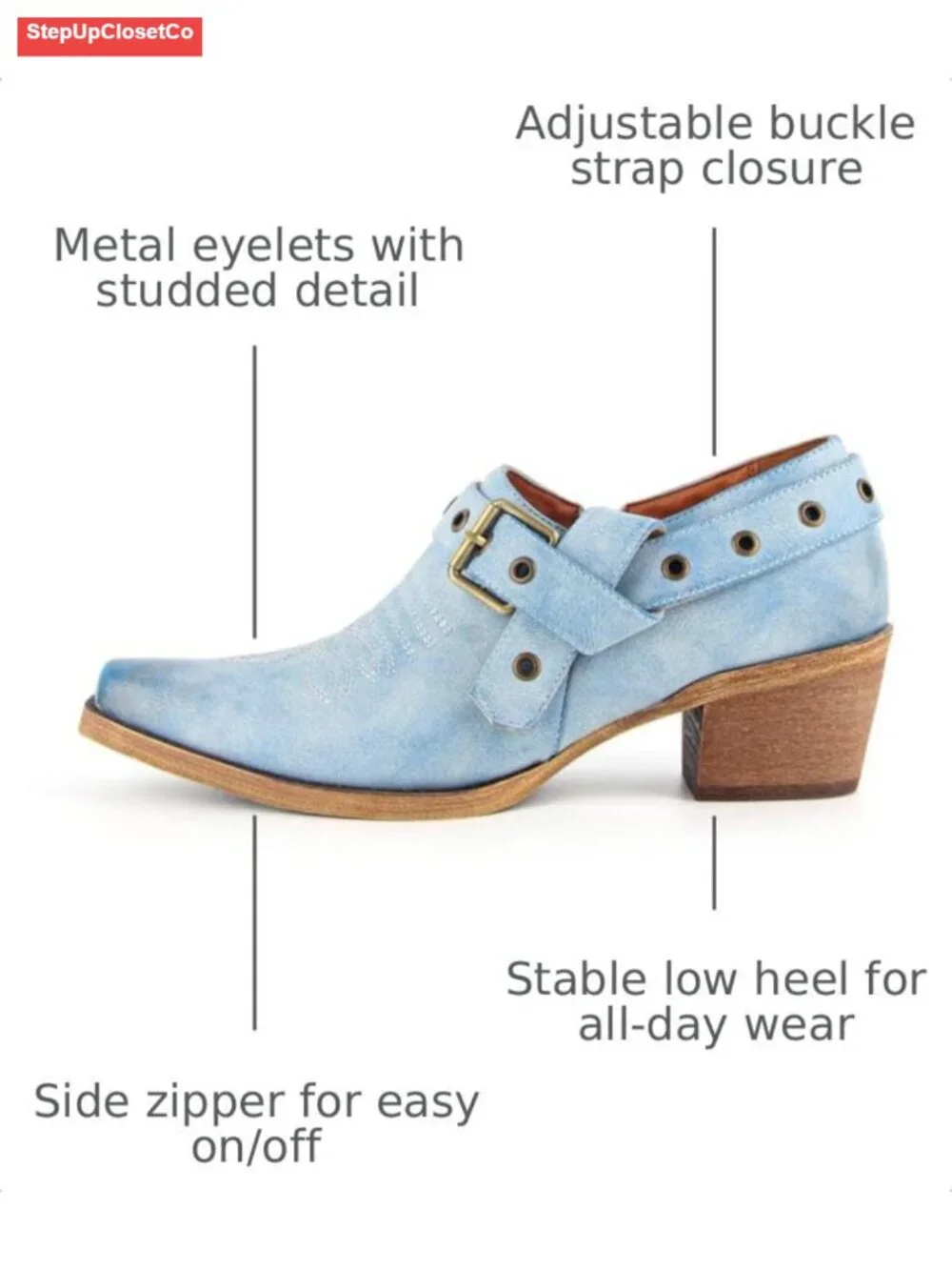 Western Ankle Boots Buckle Strap Chunky Heel Cowgirl Booties Pointed Toe
